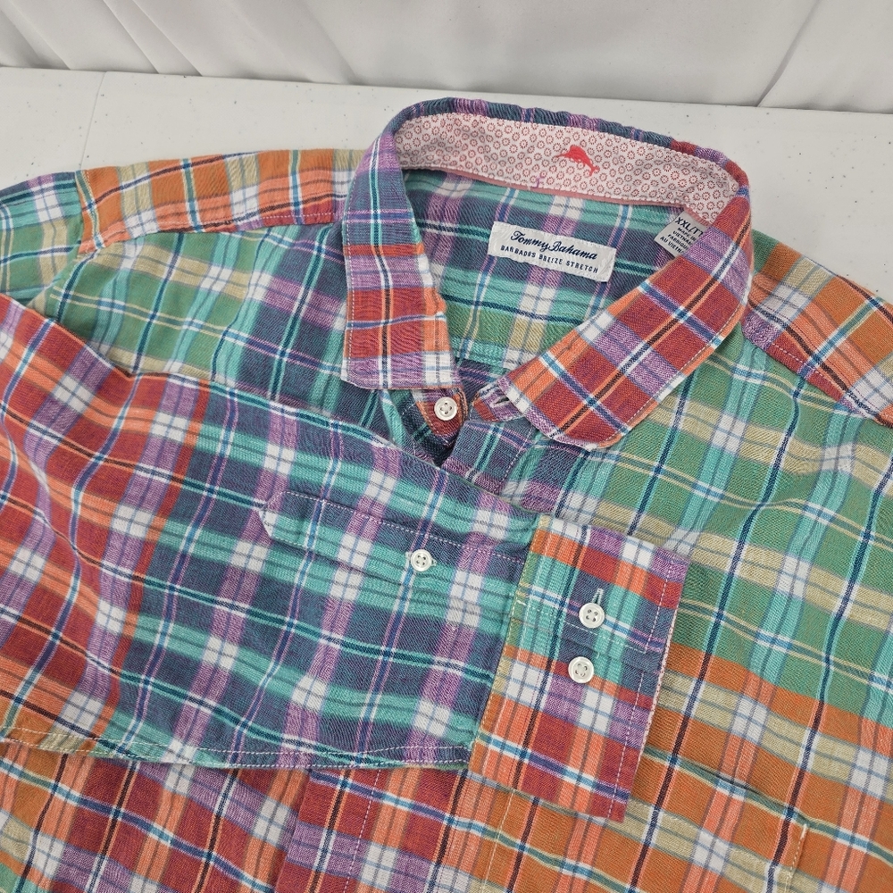 Tommy Bahama Barbados Breeze Stretch Long Sleeve Linen Blend Plaid‎ Shirt 2XL.